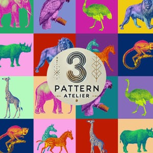 May include: A colorful square pattern featuring various animals like elephants, lions, and giraffes, each in a unique vibrant hue. The design includes the text "3 PATTERN ATELIER" in a circular emblem, creating a bold and artistic composition.