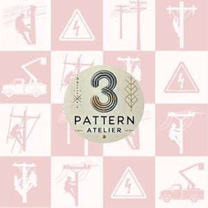 May include: A pink and white patterned design featuring electrical workers, power lines, and lightning bolt symbols. A central circular design displays the number "3" and the text "PATTERN ATELIER".