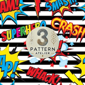 May include: A comic book-style design with bold text and sound effects like "SMASH!" and "CRASH!" against a black and white striped background. A circular emblem features the number "3" and the words "PATTERN ATELIER".