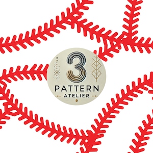 May include: A white background with a pattern of red lines resembling baseball stitching. A circular logo in the center features the number "3" and the words "PATTERN ATELIER". The logo has decorative elements.