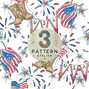 May include: Watercolor illustration with a patriotic theme. Features combat boots, dog tags with American flags, starbursts, and a banner that spells "USA". The design includes the text "3 PATTERN ATELIER".