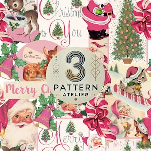 May include: A digital collage of vintage Christmas imagery featuring Santa Claus in pink attire, reindeer, kittens in Santa hats, candy canes, and Christmas trees. The center displays a circular logo with the text 3 PATTERN ATELIER.