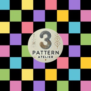 May include: A colorful checkerboard pattern with squares in black, yellow, green, pink, purple, and blue. A circular logo in the center reads "3 Pattern Atelier."
