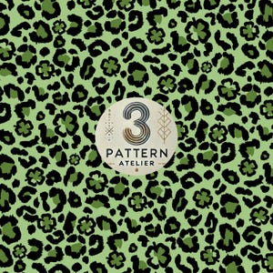 May include: A seamless pattern featuring black leopard spots and green four-leaf clover shapes on a light green background. The pattern is repeated throughout the image. The text "3 PATTERN ATELIER" is visible in the centre of the image.
