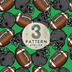 May include: A repeating pattern of brown American footballs and black helmets on a green background. A circular logo in the centre reads "3 PATTERN ATELIER". The footballs have white stripes and laces.