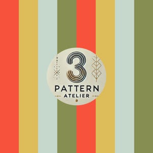May include: A colourful background of vertical stripes in red, yellow, green, and blue-grey. A circular logo in the centre displays the number "3" in a textured design, with the words "PATTERN ATELIER" below. Decorative elements are on either side.
