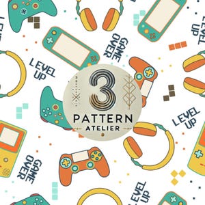 May include: A white background with a repeating pattern of video game controllers, handheld consoles, and headphones in teal, orange, and yellow. The words "LEVEL UP" and "GAME OVER" are also featured. A circular logo in the center reads "3 PATTERN ATELIER".