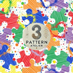 May include: Colorful puzzle pieces in red, orange, yellow, green, blue, and purple with a white background and paint splatters. The image includes a circular logo with the number 3 and the text "PATTERN ATELIER".