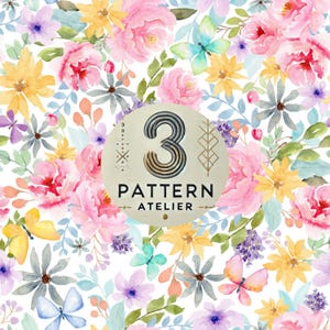May include: Watercolor floral pattern with pink, yellow, and purple flowers, green leaves, and butterflies on a white background. The text "3 PATTERN ATELIER" is in a circular design.