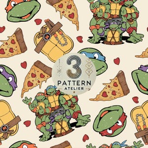 May include: A repeating pattern featuring Teenage Mutant Ninja Turtles characters, pizza slices, and hearts on a cream background. The turtles are wearing their signature bandanas and are in various poses. The pizza slices are dripping with cheese and have hearts on them. The pattern is perfect for fabric, wallpaper, or other creative projects.
