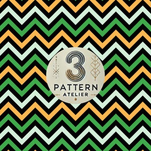 May include: A colorful chevron pattern in black, green, orange, and light green. A circular logo features the number 3 and the words "PATTERN ATELIER". The design is suitable for various applications, including fabric, wallpaper, and digital art.