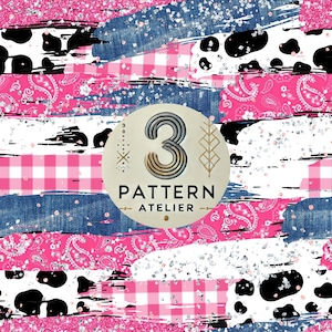 May include: A digital pattern design featuring a collage of textures. The design includes denim, pink gingham, paisley, and cow print elements. The text "3 PATTERN ATELIER" is in a circular emblem.