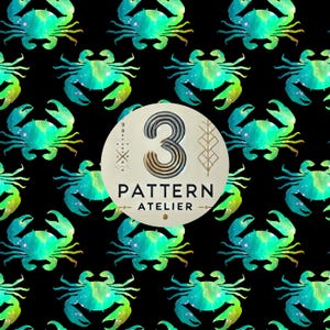 May include: A repeating pattern of teal and green crab silhouettes against a black background. The crabs have a galaxy-like design. A circular logo with the number 3 and the words "PATTERN ATELIER" is in the center.