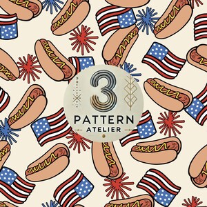 May include: A repeating pattern featuring hot dogs with mustard, American flags, and red and blue starbursts on a cream background. The image includes the text "3 PATTERN ATELIER".