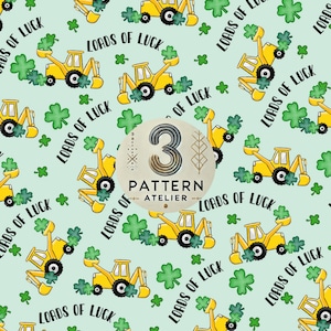 May include: A seamless pattern featuring yellow construction vehicles with green shamrocks, repeating the phrase "Loads of Luck".