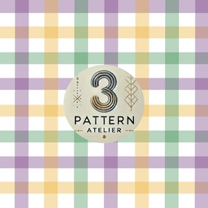 May include: A colorful plaid pattern in yellow, green, and purple on a white background. A circular emblem features the number 3, the words "PATTERN ATELIER", and decorative elements.