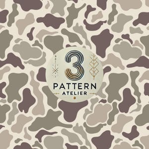 May include: An abstract pattern featuring organic shapes in brown, grey, and beige tones. A central circular logo displays the number "3" and the text "PATTERN ATELIER". The design has a camouflage-inspired appearance.