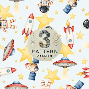 May include: Watercolor pattern featuring rockets, astronauts, UFOs, satellites, and yellow stars on a light blue background. The design includes the text "3 PATTERN ATELIER" in a circular emblem.