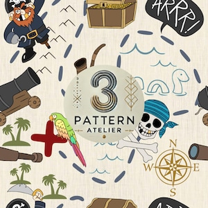 May include: A whimsical pirate-themed pattern featuring cartoon illustrations of pirates, treasure chests, cannons, parrots, and a skull with crossbones. The design includes a compass, palm trees, and the text "3 PATTERN ATELIER". The color palette includes brown, blue, green, and gold.