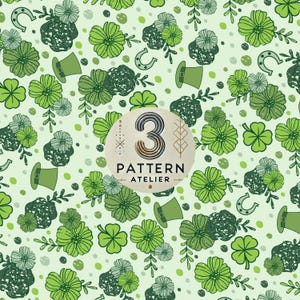 May include: A green and white seamless pattern featuring shamrocks, clovers, flowers, hats, and horseshoes. The pattern is perfect for St. Patrick's Day or Irish-themed crafts.