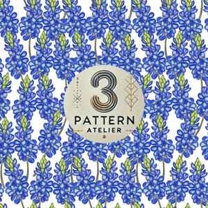 May include: A repeating pattern of bluebonnet flowers with green accents on a white background. A circular logo with the number 3 and the words "PATTERN ATELIER" is overlaid on the design.