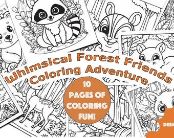 Puede incluir: Páginas para colorear con ilustraciones de animales del bosque, como un mapache, un oso, una ardilla y un ciervo. El texto dice "Whimsical Forest Friends Coloring Adventure" y "10 Pages of Coloring Fun!". El diseño es "Designed for Kids, by Kids!"