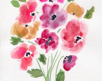 Red poppy bouquet watercolor painting, floral nursery wall decor