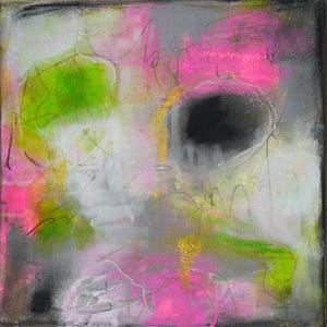 Abstract mixed media canvas painting, pink, green and gray wall art, hand painted original art