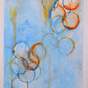 Dipinto ad acquerello astratto con cerchio blu, arancione e oro 9x12, opera d'arte originale ad acquerello con cerchio astratto