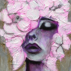 Original Female Portrait Painting: Boho Abstract Floral Art, 9x12 Canvas