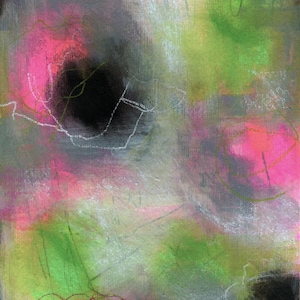 Abstract painted mixed media painting 9x12, pink green and grey home decor wall art