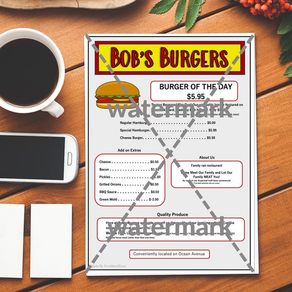 Bob's Burgers Inspired Menu - DIGITAL DOWNLOAD