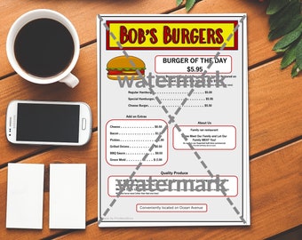 Bob's Burgers Inspired Menu - DIGITAL DOWNLOAD