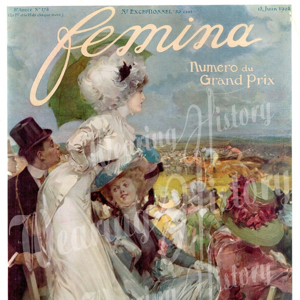 DIGITAL DOWNLOAD- 1908 Grand Prix Racing- Femina Magazine Cover- Art Journal Scrapbooking Print Download Large Antique Vintage