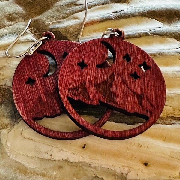 Wooden Earrings Mountain Crimson: Laser Engraved Red Stained Funky Earrings Gifts for her Mothers Day Fifth anniversary gift boho earrings