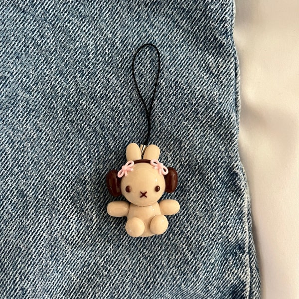 brown headphone miffy with bows phone keychain charm | handmade polymer clay charm