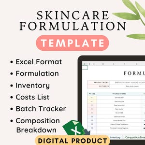 Formulazione per la cura della pelle FACILE e SEMPLICE Modello di Fogli Google per ricette di cosmetici Formulazioni fatte a mano Inventario di cosmetici naturali Excel