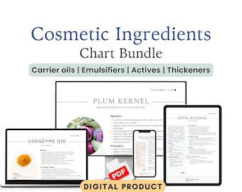 Pacchetto di tabelle di ingredienti cosmetici / 4 tabelle di formulazione per la cura della pelle / Oli vettore, emulsionanti, principi attivi, addensanti