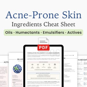 Acne-Prone Skin Ingredients Cheat Sheet PDF for Cosmetic Formulators (Oils, Actives & Emulsifiers)