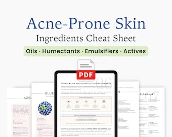 Scheda riassuntiva degli ingredienti per pelli a tendenza acneica in formato PDF per formulatori di cosmetici (oli, principi attivi ed emulsionanti)
