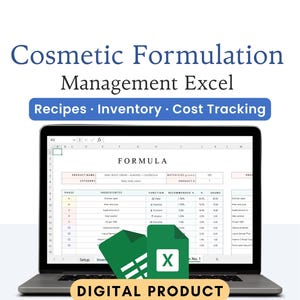 Cosmetic Formulation Management Excel | Recipes, Inventory & Cost Tracking Tool Spreadsheet (Excel + Google Sheets)