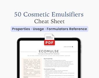 Foglio riassuntivo di 50 emulsionanti cosmetici / Tabella di riferimento per la formulazione dei prodotti per la cura della pelle / Download PDF digitale