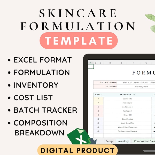 Formule de soin de la peau Modèle FACILE et SIMPLE pour des recettes de cosmétiques Formules faites main bricolage Recette de cosmétiques naturels Format d'inventaire Excel