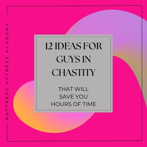 Puede incluir: Un fondo rosa con un diseño degradado en forma de ola. El texto "12 IDEAS FOR GUYS IN CHASTITY THAT WILL SAVE YOU HOURS OF TIME" está en un cuadro blanco encima de la ola.