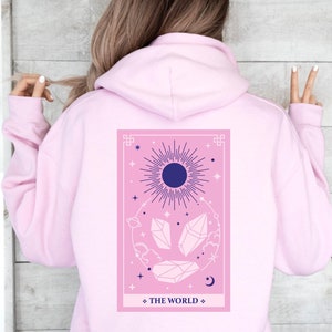 Sudadera con capucha The World Tarot, sudadera celestial rosa, jersey con gráfico místico, sudadera con capucha espiritual acogedora, regalo de astrología