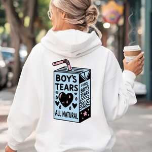 Moletom com capuz estampado grande, moletom com capuz com estampa de lágrimas para meninos, moletom com estampa engraçada de caixa de leite, moletom com capuz unissex ousado para moda moderna