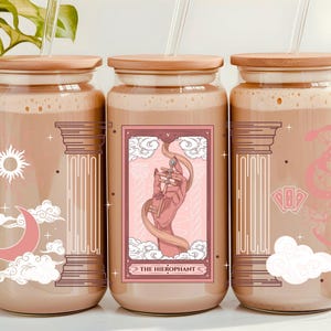 Vaso de cristal con la carta del tarot El Hierofante, vaso de cristal para tarot, vaso de cristal místico, vaso de 16 oz con tapa de bambú, vaso de café con tarot, regalo de tarot para ella
