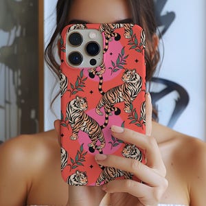 Pink Tiger Phone Case, Coral Jungle Animal Print Case, Bold Tiger iPhone Cover, Cute Tough Phone Case for Her, Mag Safe Compatible