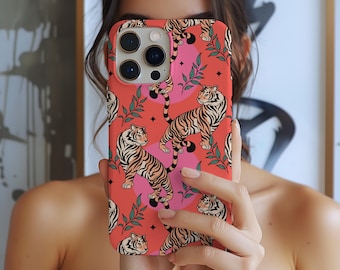 Pink Tiger Phone Case, Coral Jungle Animal Print Case, Bold Tiger iPhone Cover, Cute Tough Phone Case for Her, Mag Safe Compatible