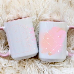 Gemini Zodiac Mug, Pink Orange Pastel Aesthetic Two-Tone Ceramic Coffee Cup, Astrology Gift for Her, Horoscope Constellation Design